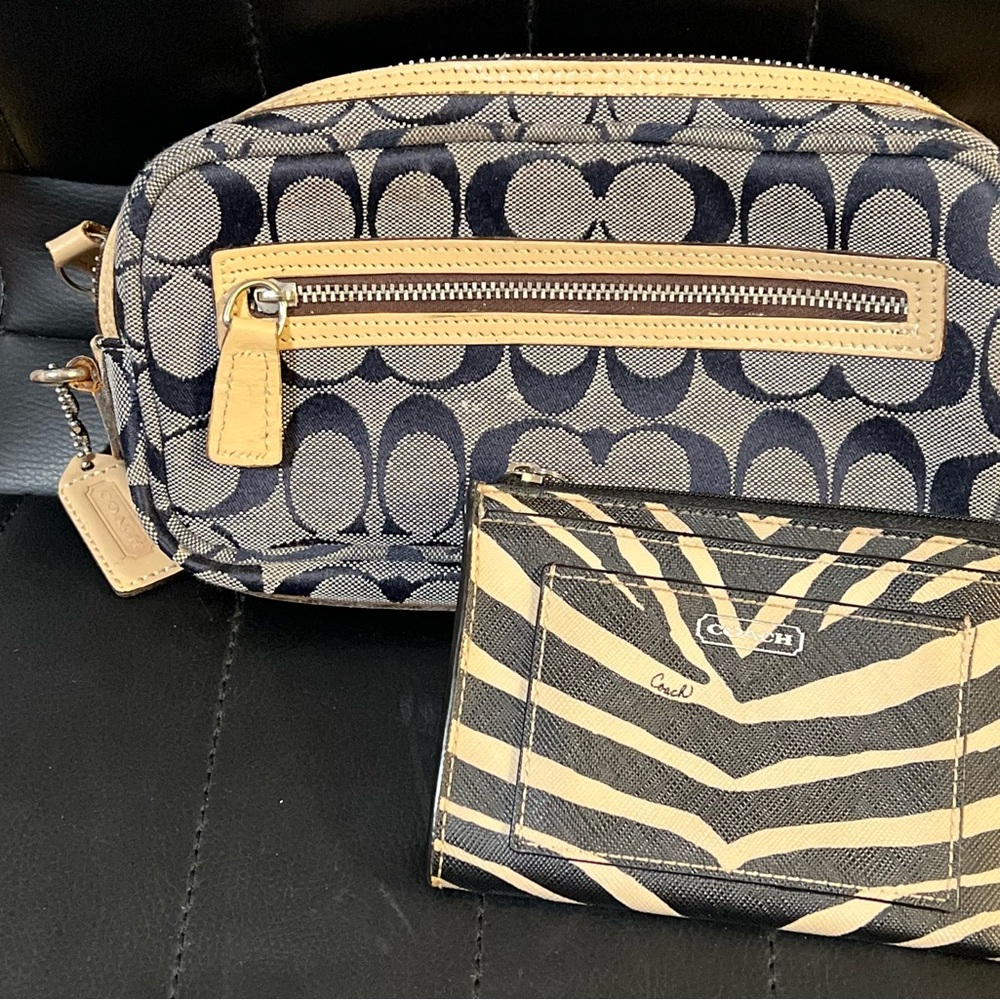 Coach Blue and Beige Patterned Bag and Wallet